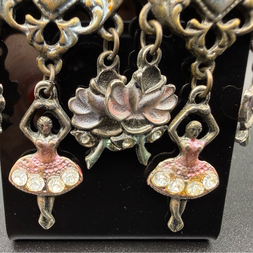 Vintage Banana Bob RARE Heart Rose Ballerina Rhinestone Dangle Earrings 3” drop - Picture 4 of 5